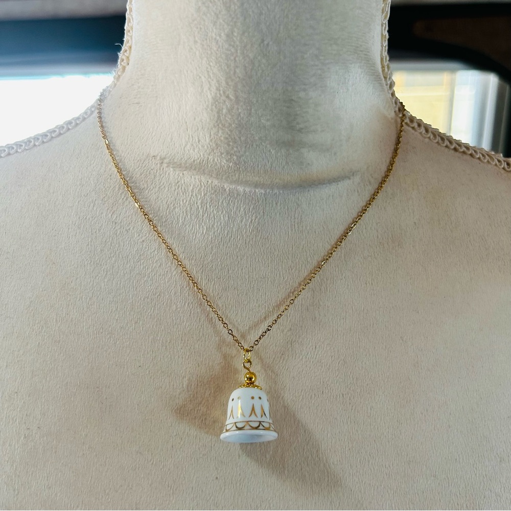 Handcrafted vintage gold painted ceramic bell pendant on chain necklace